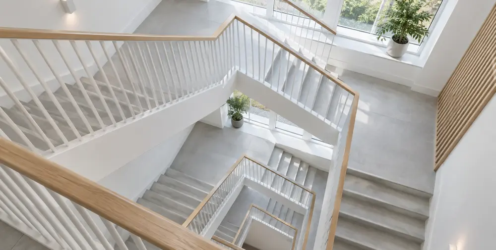 Ljust trapphus med växter och välskötta ytor