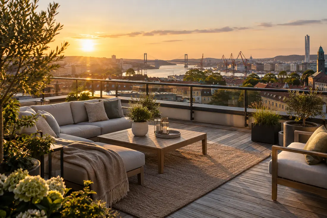 Ren takterrass med utsikt över Göteborg