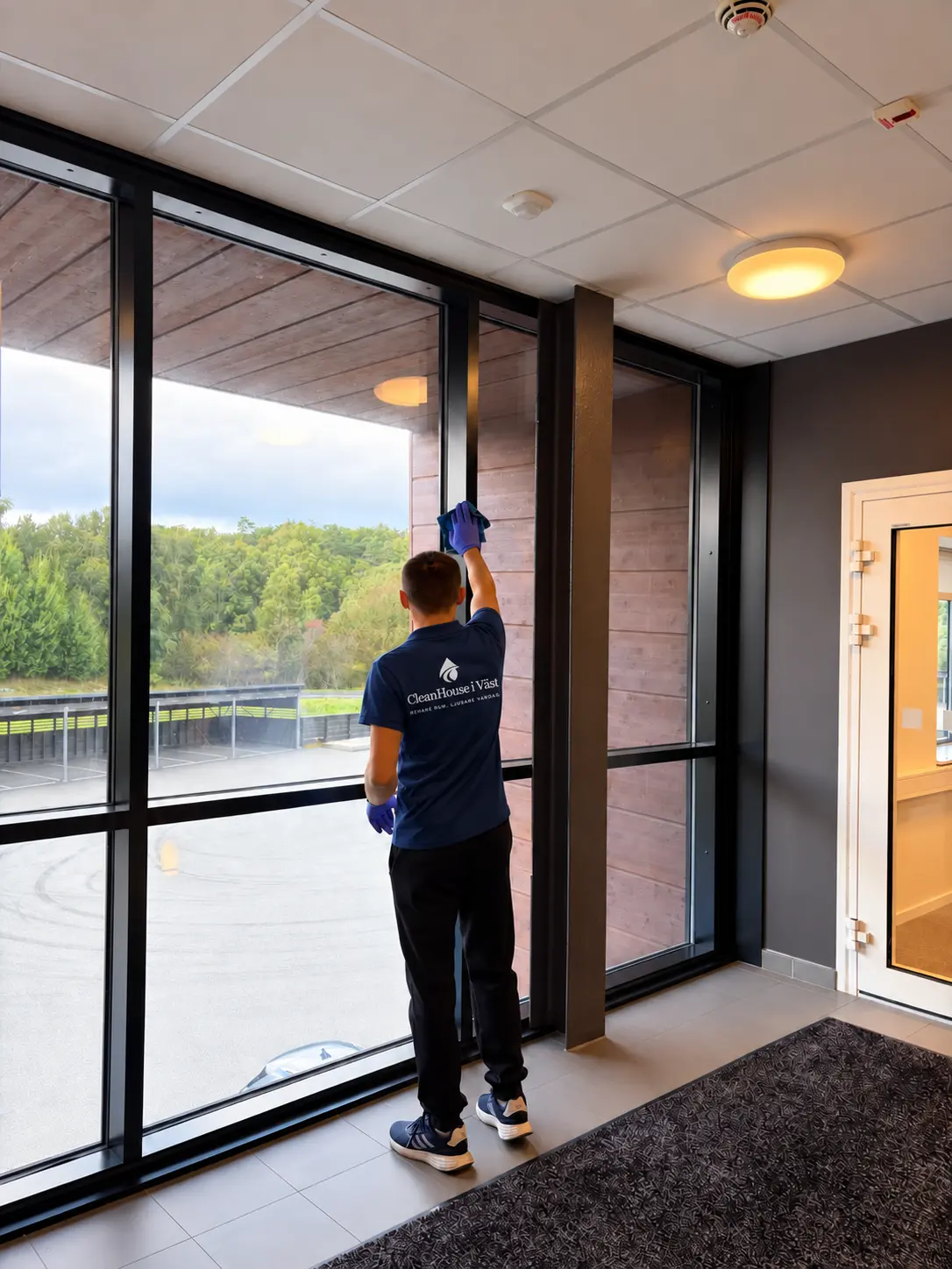 Medarbetare putsar entréfönster