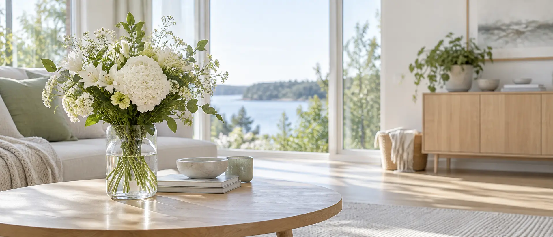 Illustrativ bild av blommor i ett rent vardagsrum