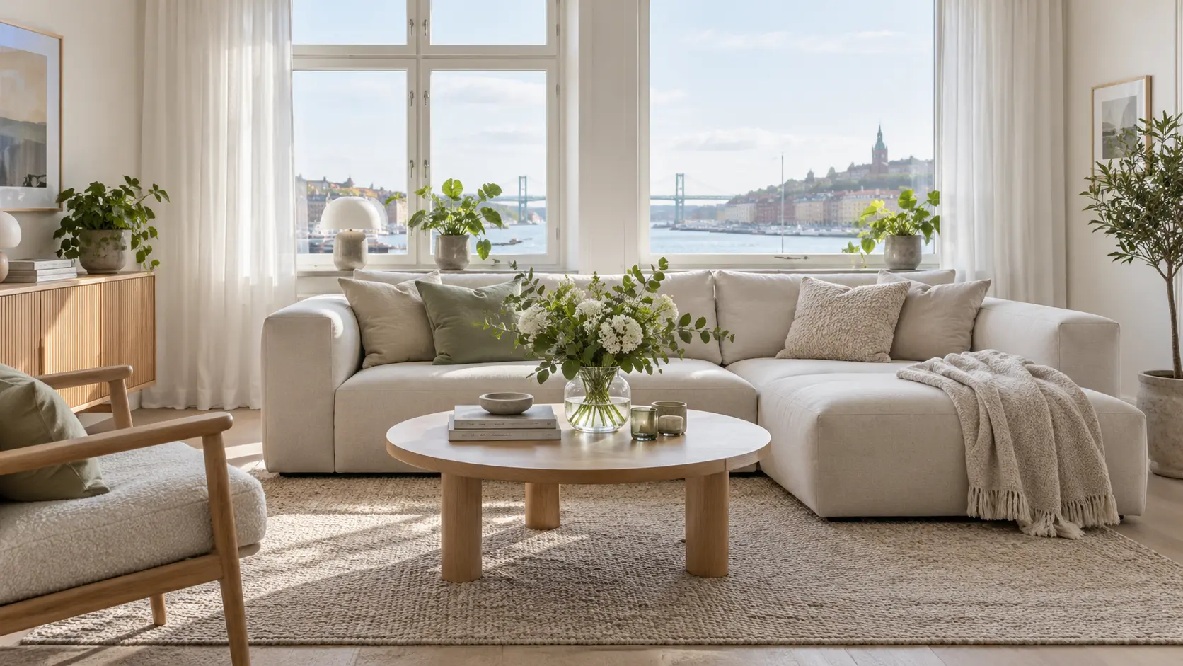 Illustrativ bild av ett ljust och välstädat vardagsrum
