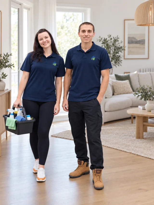 Två professionella medarbetare från CleanHouse i Väst i ett ljust hem