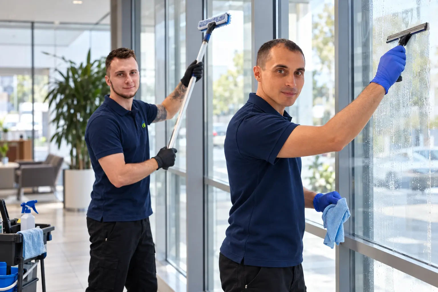 CleanHouse-medarbetare utför professionell fönsterputsning