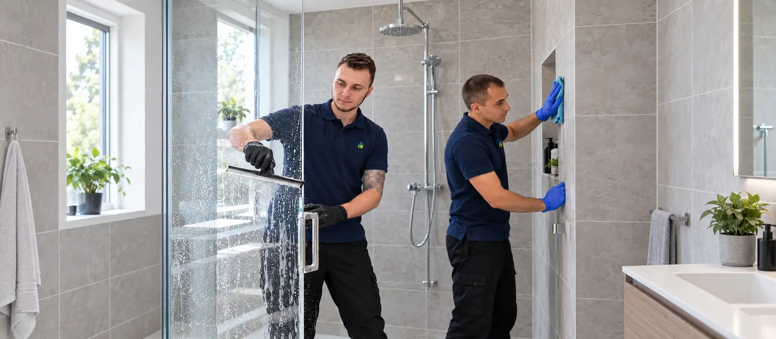 CleanHouse-medarbetare rengör en dusch vid flyttstädning