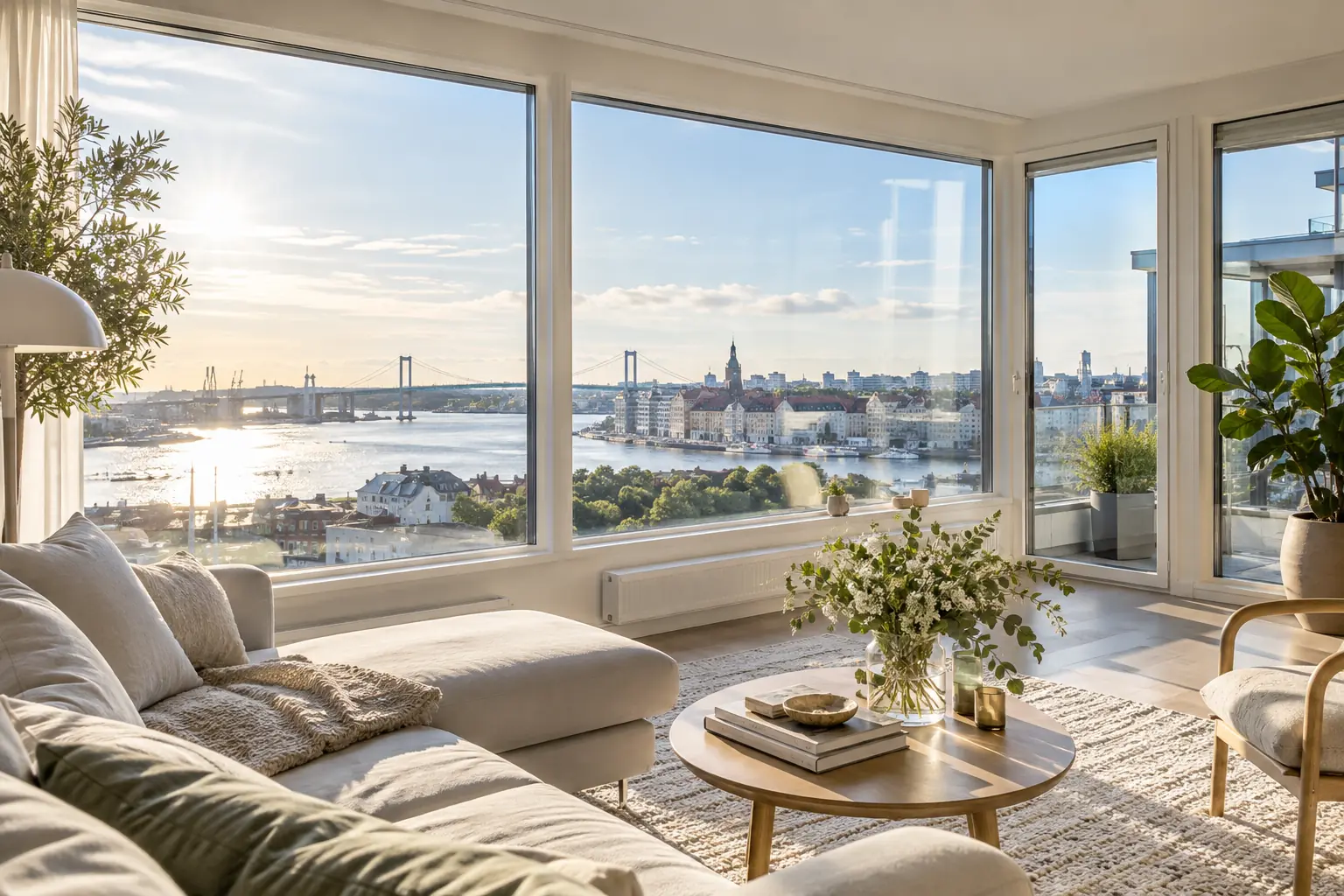 Ljust skandinaviskt vardagsrum med rena panoramafönster
