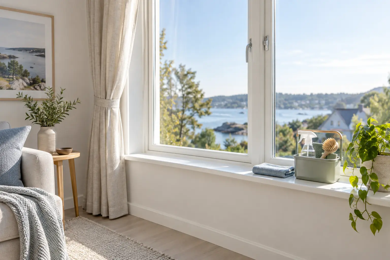 Förberett fönster med fri fönsterbänk och städmaterial