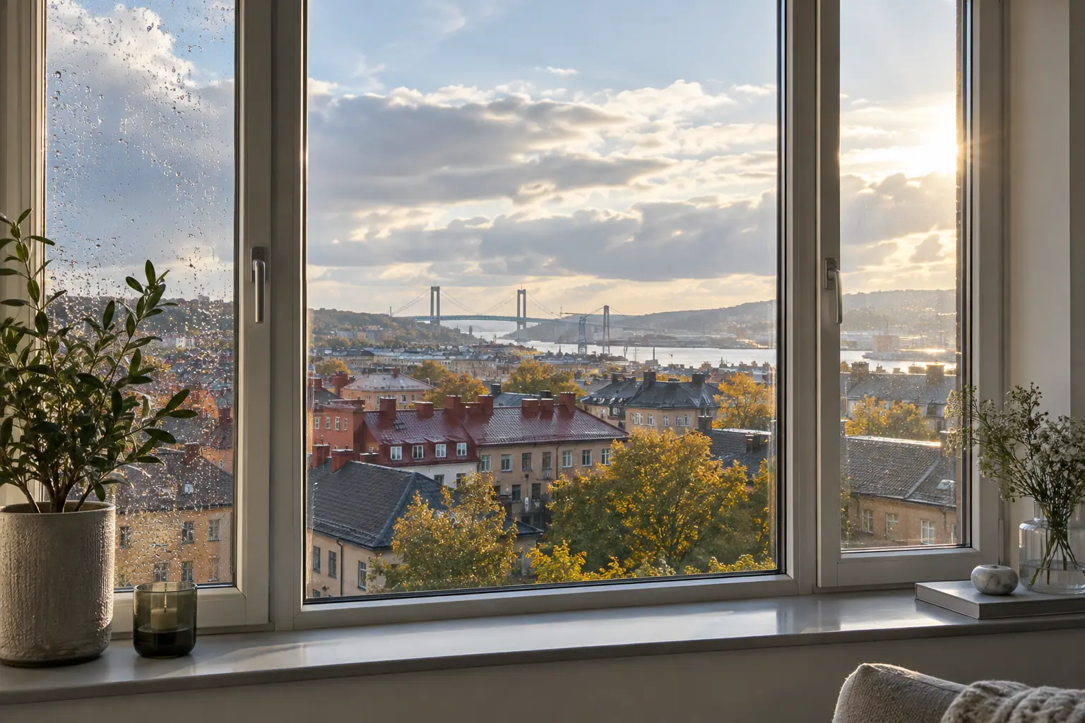 Rena fönster efter regn med utsikt över Göteborg