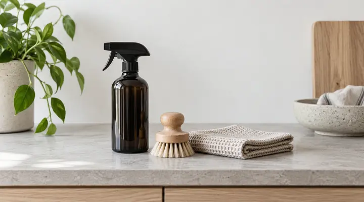 Städprodukter och växter i ett ljust hem