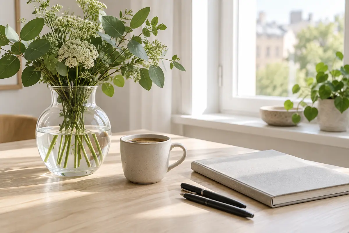 Vas, kaffekopp och anteckningsbok för planering av hemstädning
