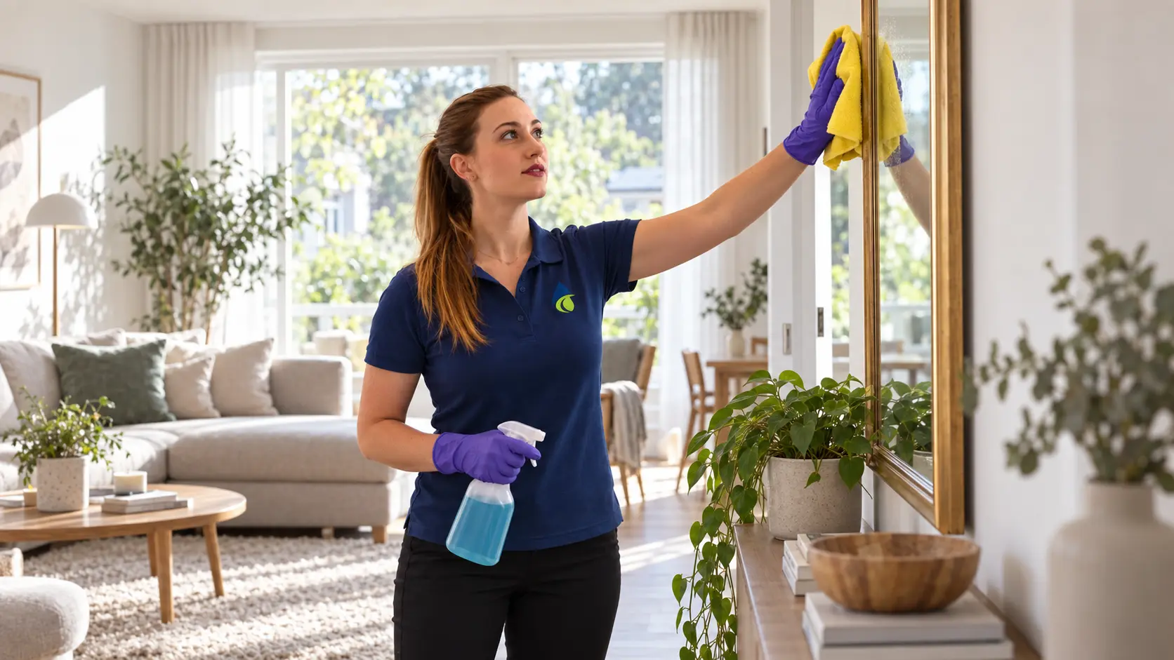 CleanHouse-personal rengör en spegel i ett ljust hem