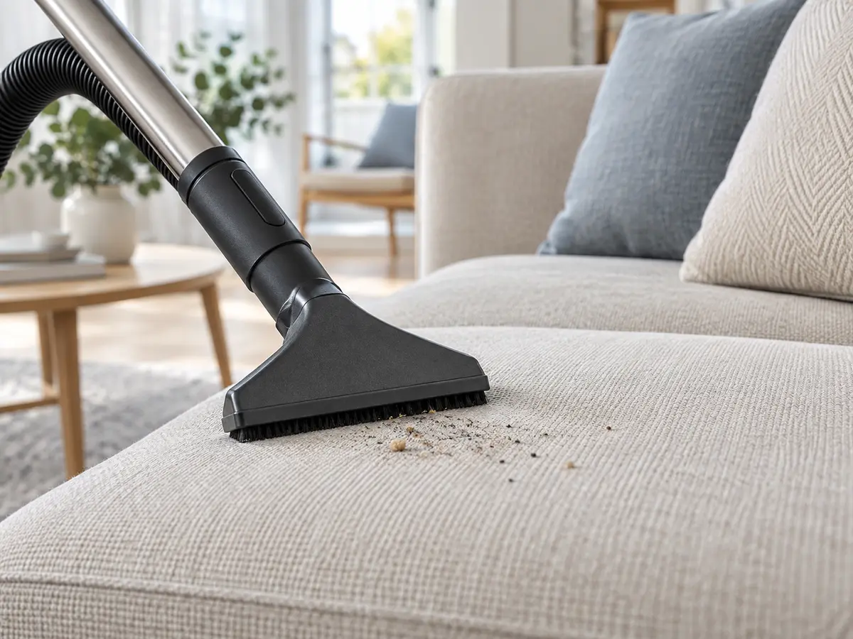 Torrdammsugning av soffa inför professionell möbeltvätt