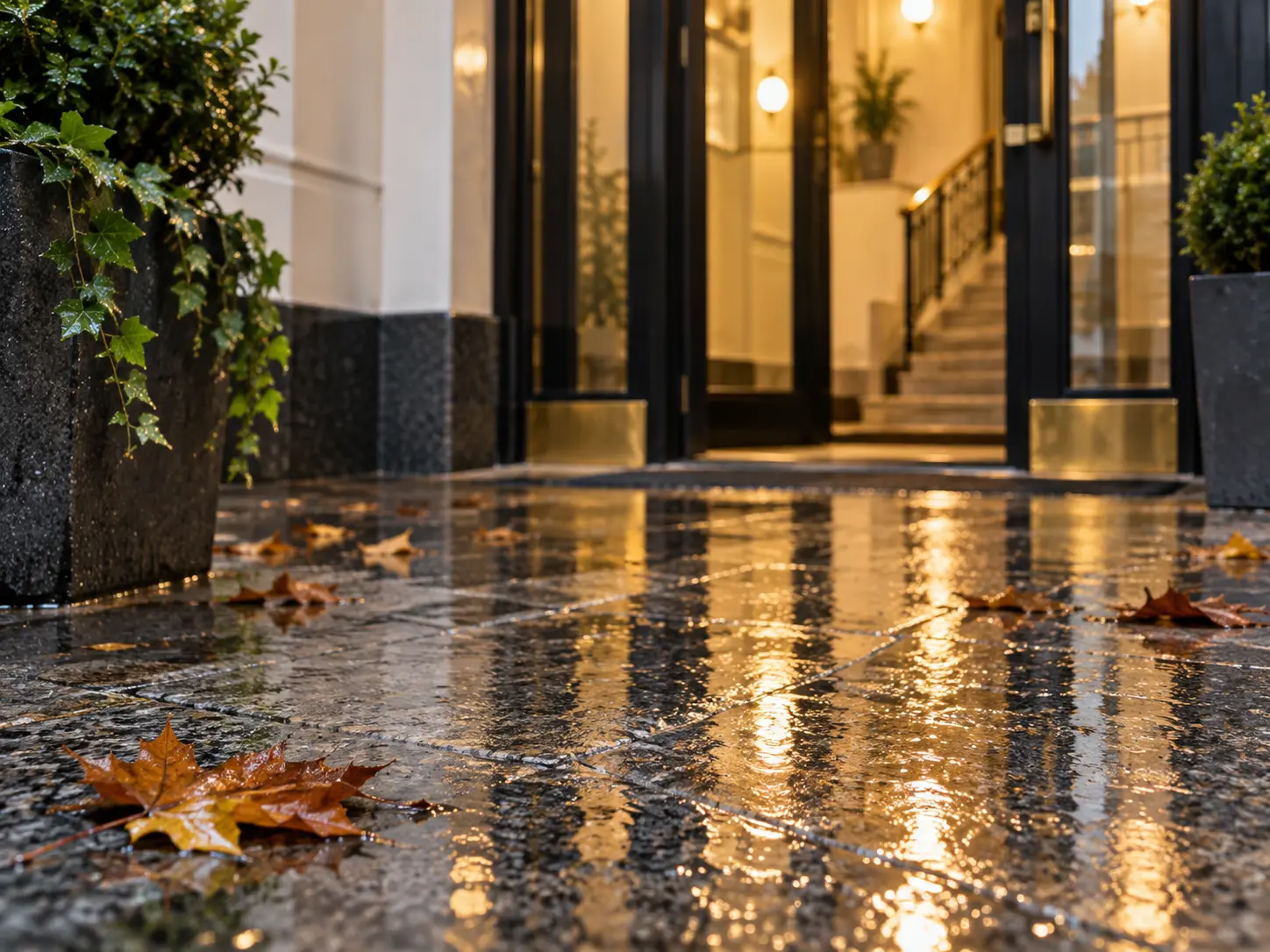 Regn och höstlöv på ett entrégolv